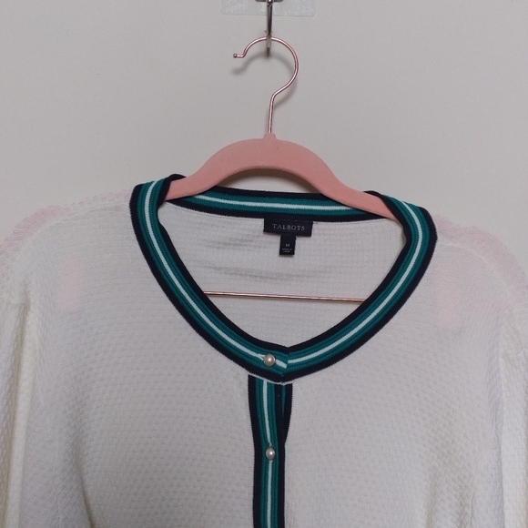 Talbots Striped Cream and Green Faux Pearl Button Up Cardigan Sweater Medium - Picture 4 of 8